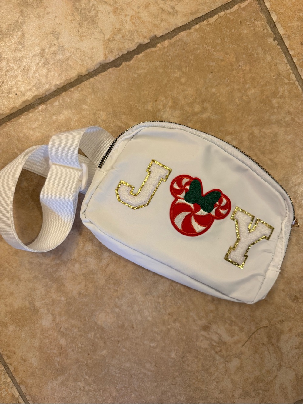 Disney White 'JOY' Crossbody Belt Bag with Festive Embellishment Chenille Patch